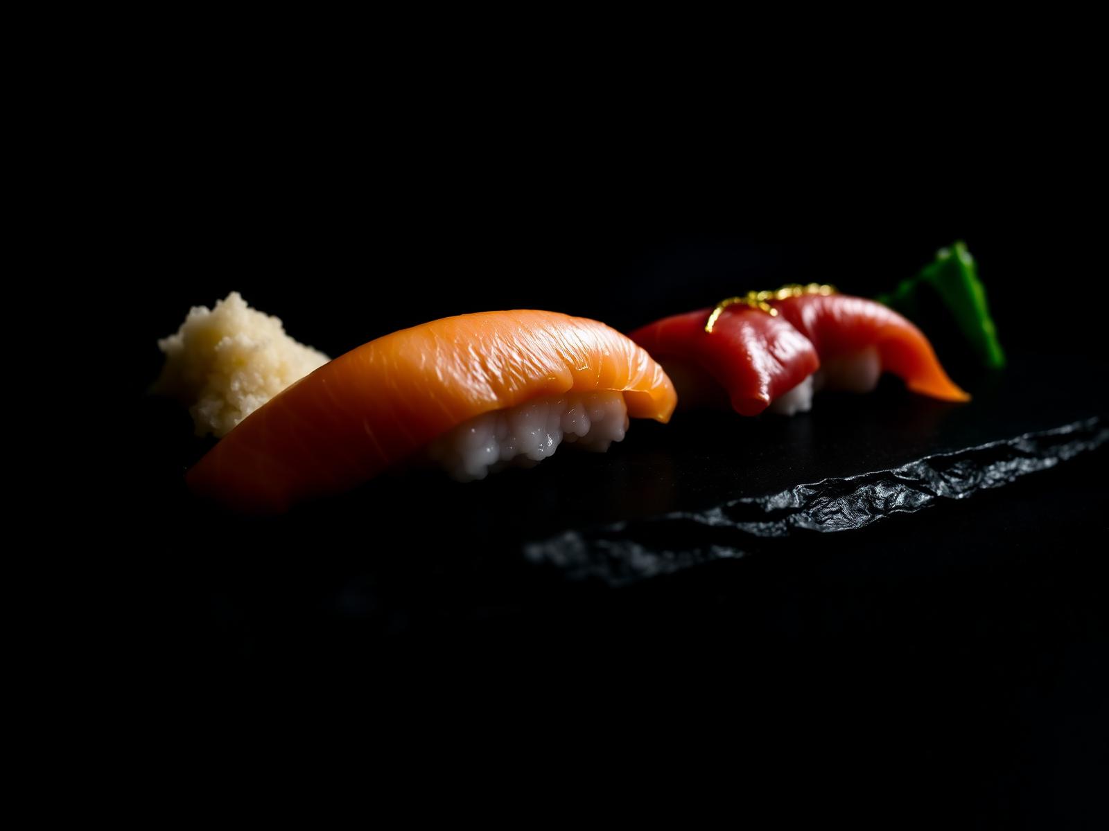 Selección de nigiri salmón y atún rojo con láminas de oro